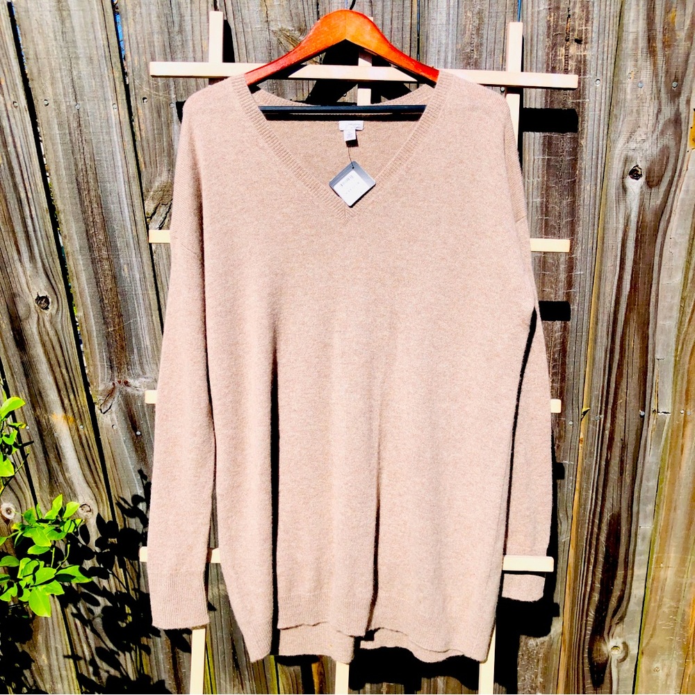 NEW HALOGEN Relaxed V-Neck 100% Cashmere Sweater in Tan Cobblestone XL